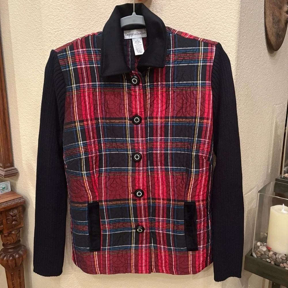 Vintage DRAPER’S & DAMON’S Red Black Plaid Rhinestone Button Holiday Jacket-S
